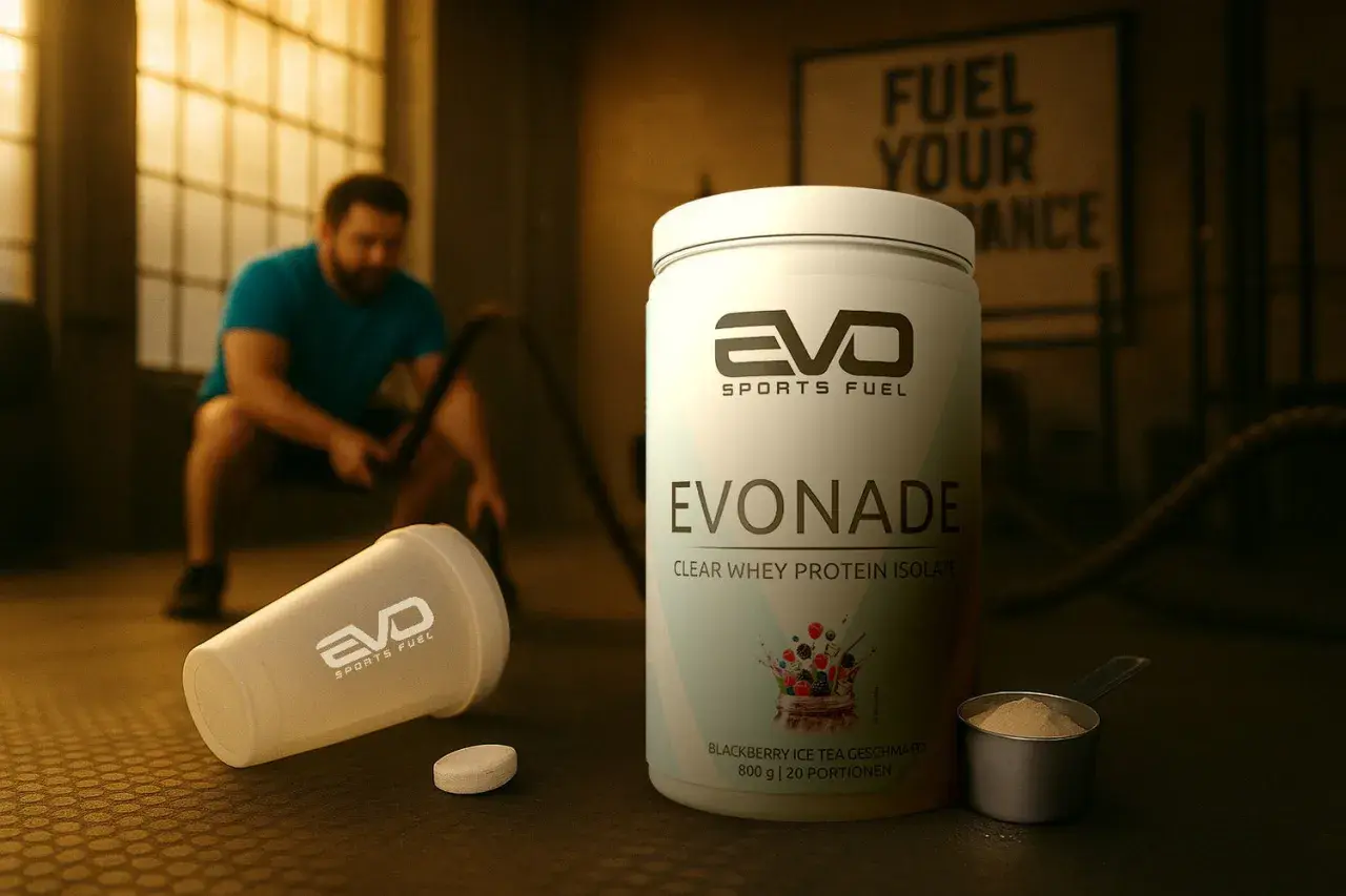 Ein Mann trainiert im Hintergrund. Im Vordergrund steht eine Dose EVONADE Protein, die zeigt, wie hilft proteinpulver beim abnehmen.
