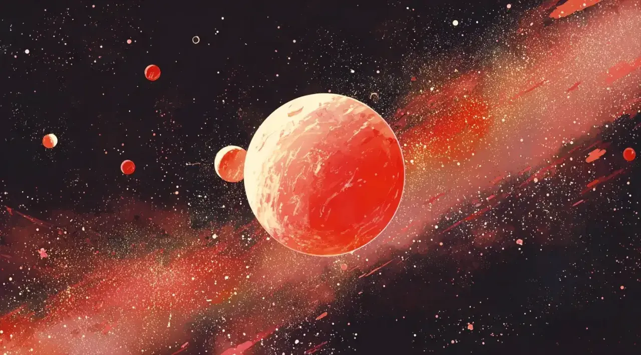 Czerwone planety, w tym Mars w raku, unoszą się w gwiezdnym pyle.