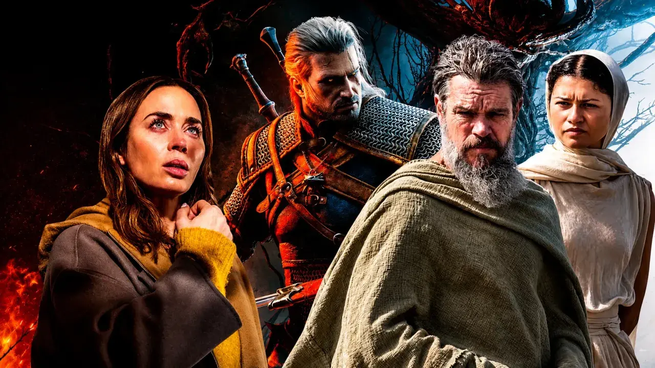 Geralt z Rivii w zbroi, obok niego Emily Blunt, Josh Brolin i Zendaya. Zapowiedź wiedźmin 3 nowy dodatek.