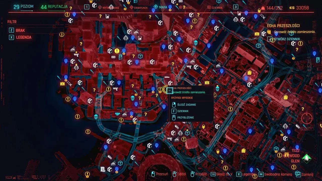 Cyberpunkowa mapa miasta z zaznaczonymi zadaniami i punktami zainteresowania. Echa przeszłości wzywają do sprawdzenia źródła zamieszania.