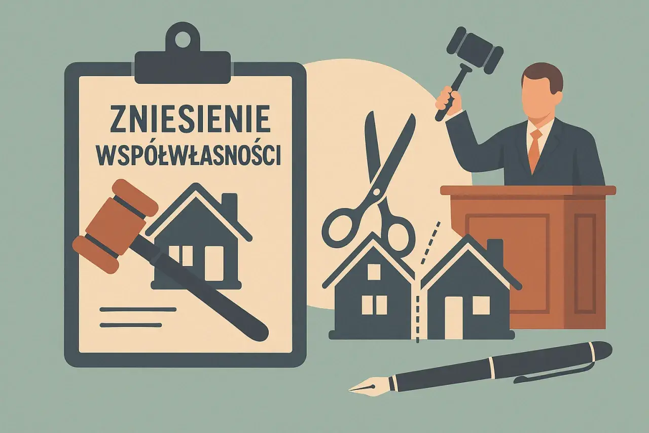 Ilustracja przedstawia proces zniesienia współwłasności ze spłatą. Sądowy młotek i nożyce symbolizują podział majątku.