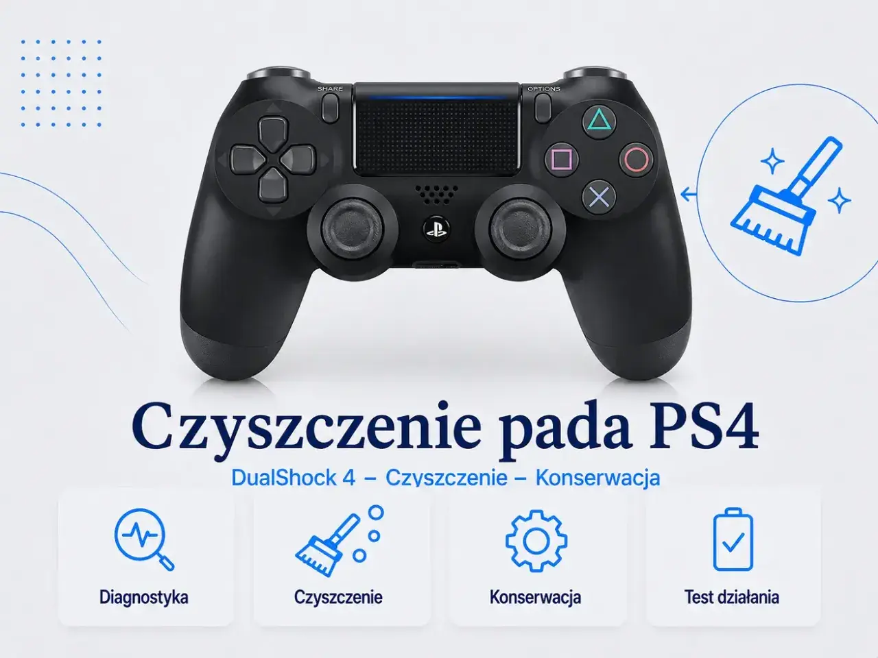 Czyszczenie pada PS4 DualShock 4. Ikony diagnostyki, czyszczenia, konserwacji i testu działania.