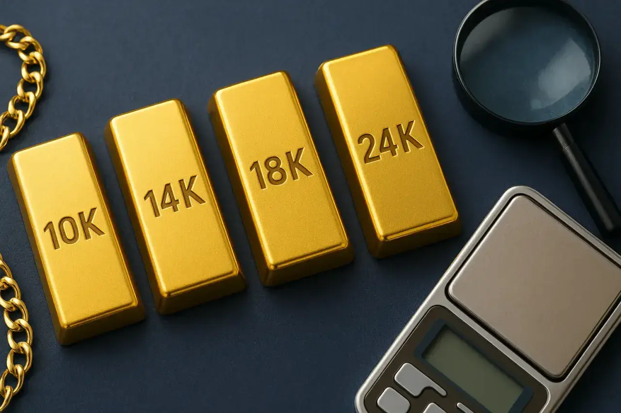 Sztabki złota o próbach 10K, 14K, 18K i 24K, obok wagi jubilerskiej i szkła powiększającego. Każda sztabka to symbol bogactwa, a 24K to czyste złoto.