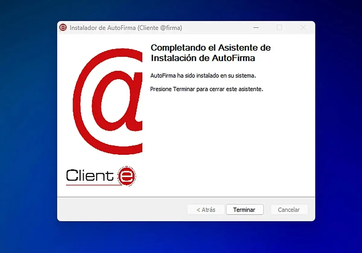 Instalación de AutoFirma completada. Ya puedes añadir firma a AutoFirma. Presiona "Terminar" para cerrar.