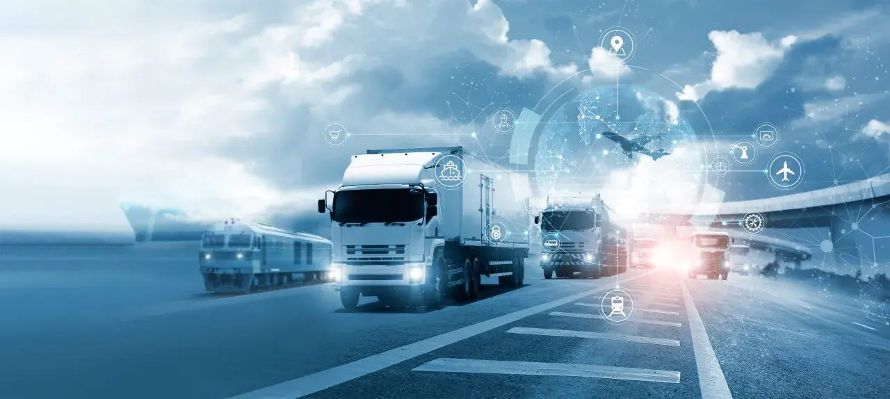 Nowoczesny transport i spedycja: ciężarówki, pociąg, samolot i statek, połączone globalną siecią logistyczną.