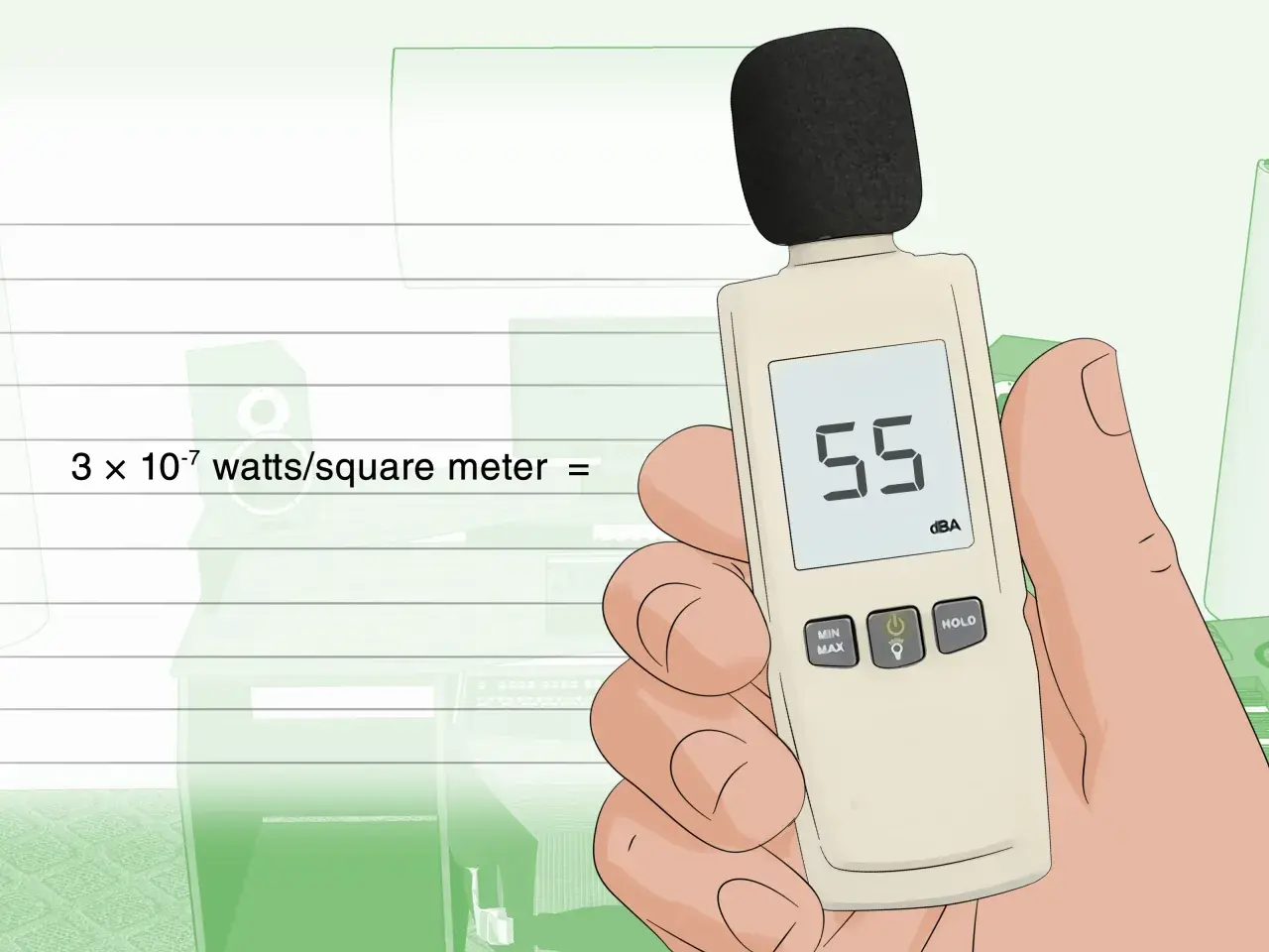 Medidor de sonido muestra 55 dB, un nivel de ruido moderado. La fórmula indica 3 x 10⁻⁷ watts/m², un ejemplo de 60 dB.