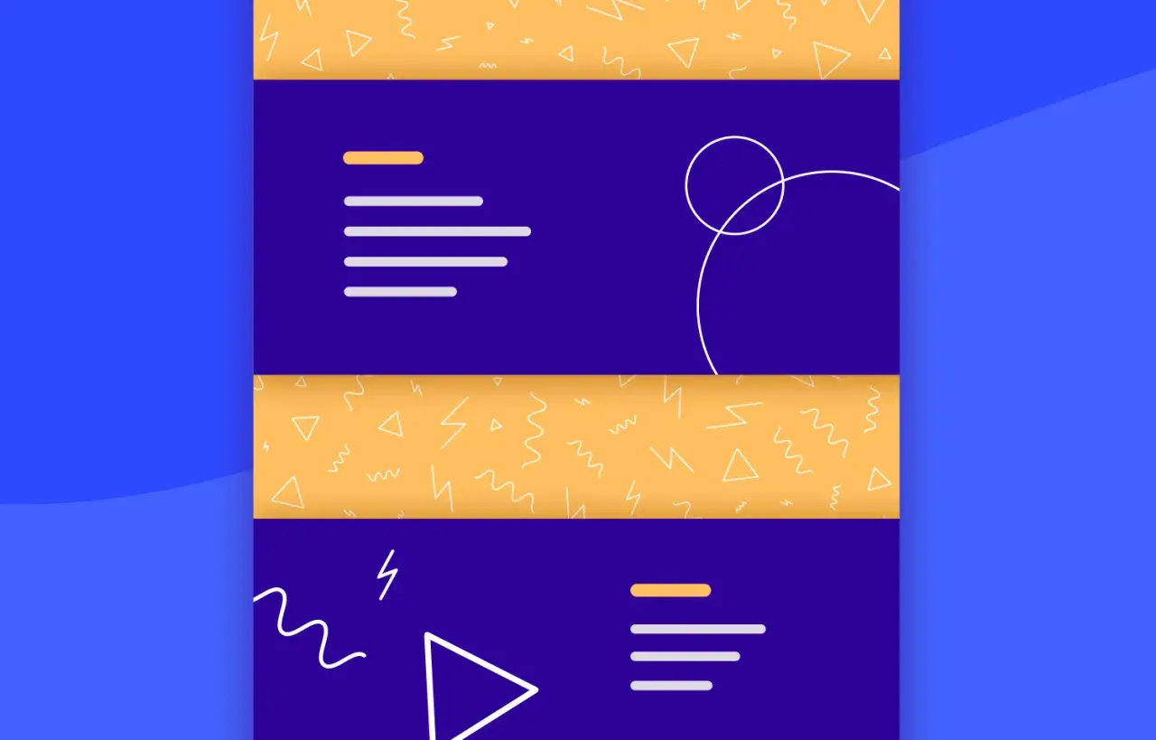 Bandes violettes et jaunes avec des formes géométriques, évoquant un effet de parallaxe CSS.