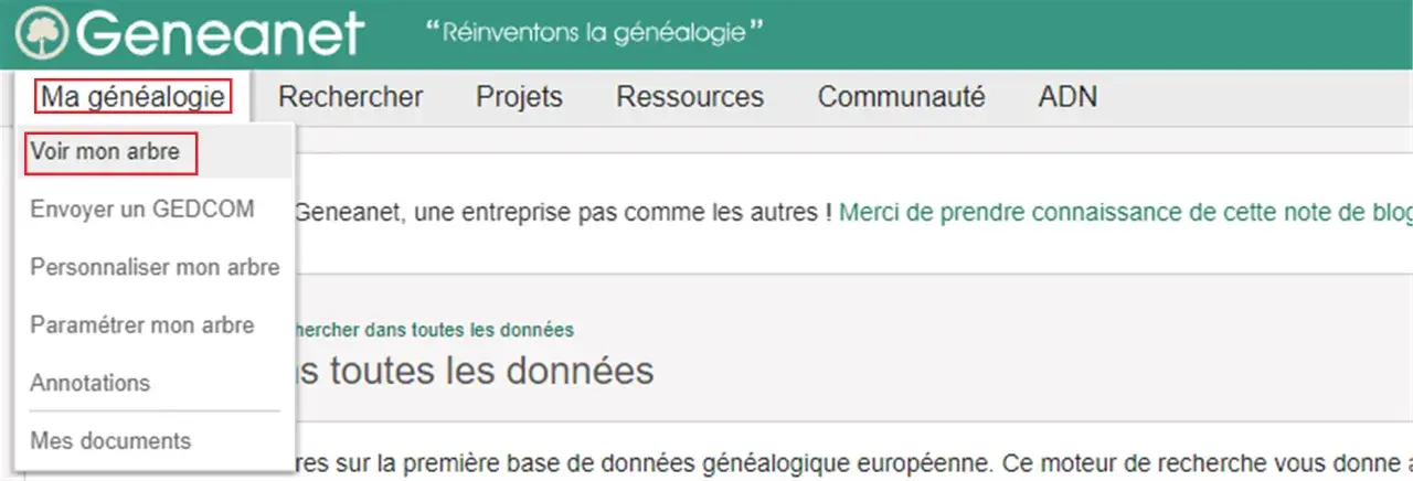 Menu Geneanet : "Ma généalogie" > "Voir mon arbre". Option "Envoyer un GEDCOM" visible.