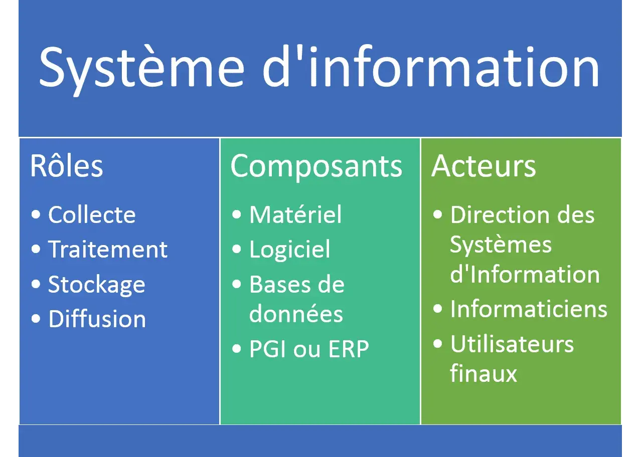 Tableau décrivant un système d'information : rôles (collecte, traitement, stockage, diffusion), composants (matériel, logiciel, bases de données, PGI/ERP) et acteurs (direction SI, informaticiens, utilisateurs).