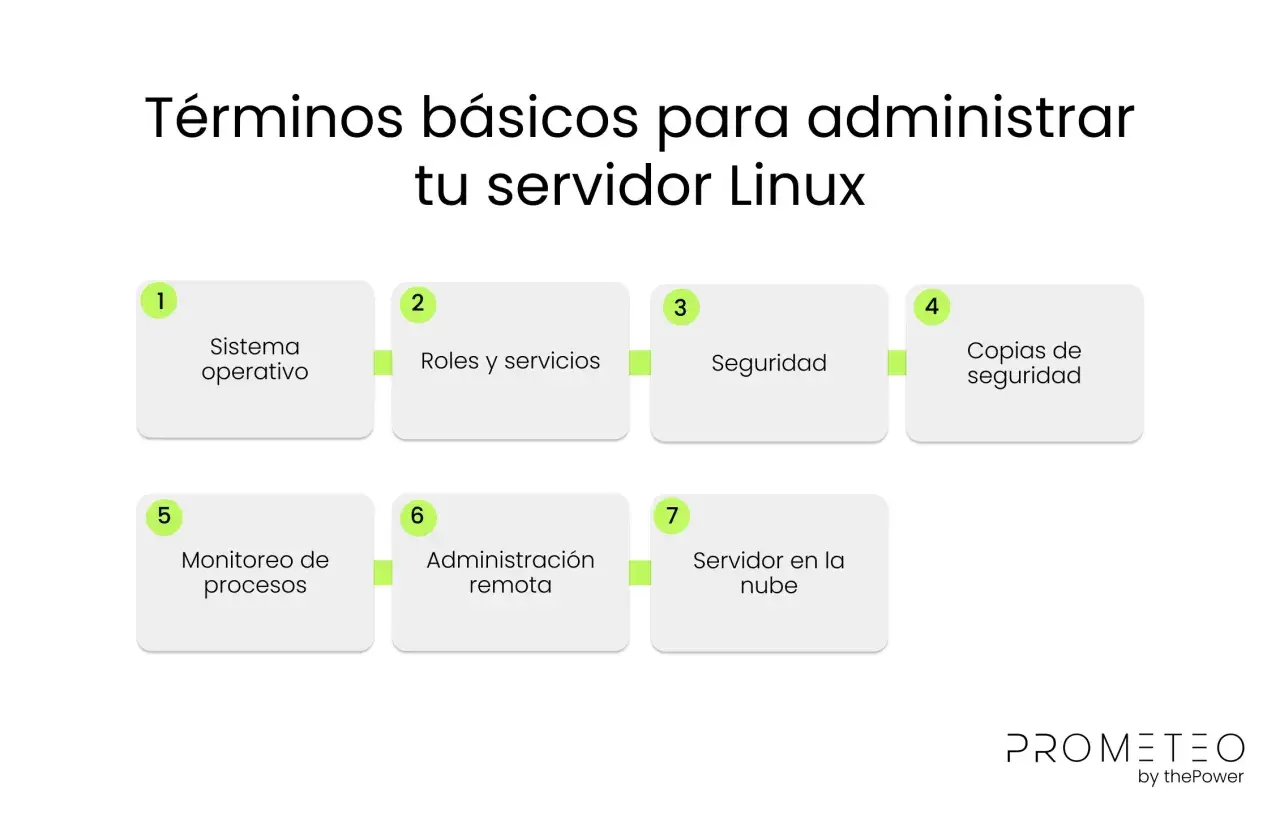 Diagrama de términos básicos para administrar un servidor Linux: sistema operativo, roles, seguridad, copias, monitoreo, administración remota y servidor en la nube.