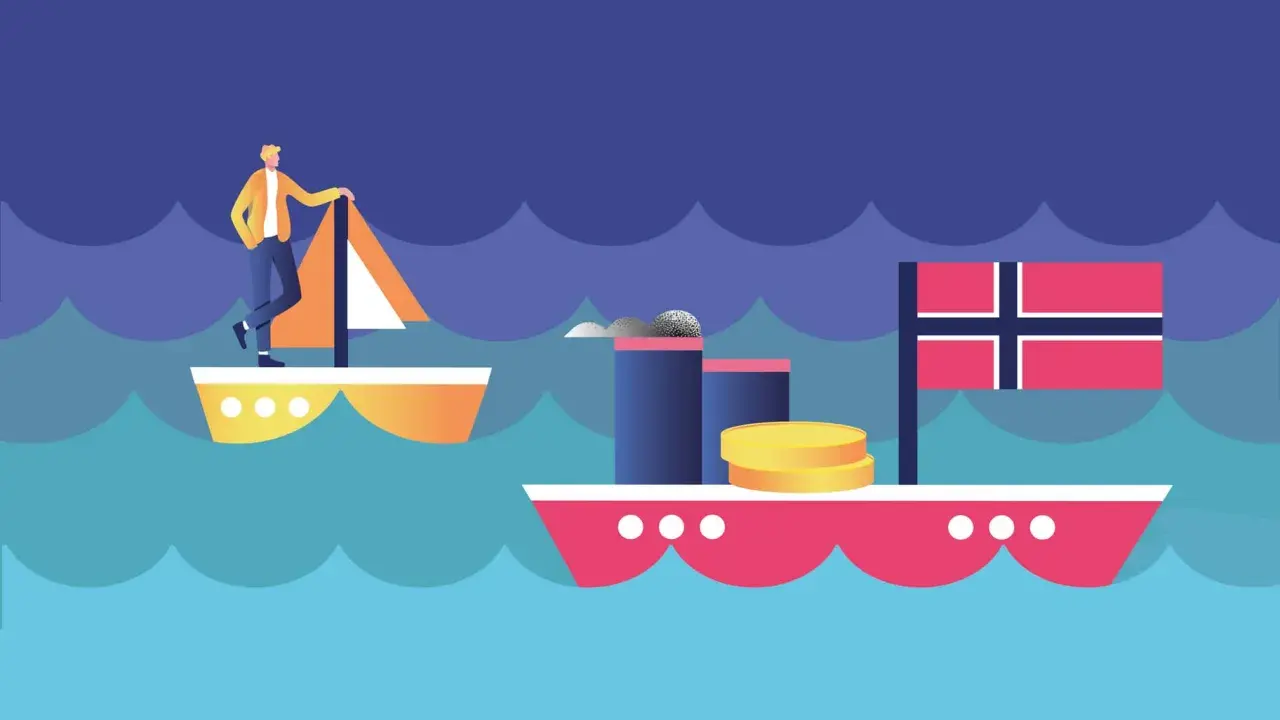 Mann auf Segelboot, daneben ein Schiff mit norwegischer Flagge und Münzen. Symbolisiert den norwegischen Staatsfonds ETF.