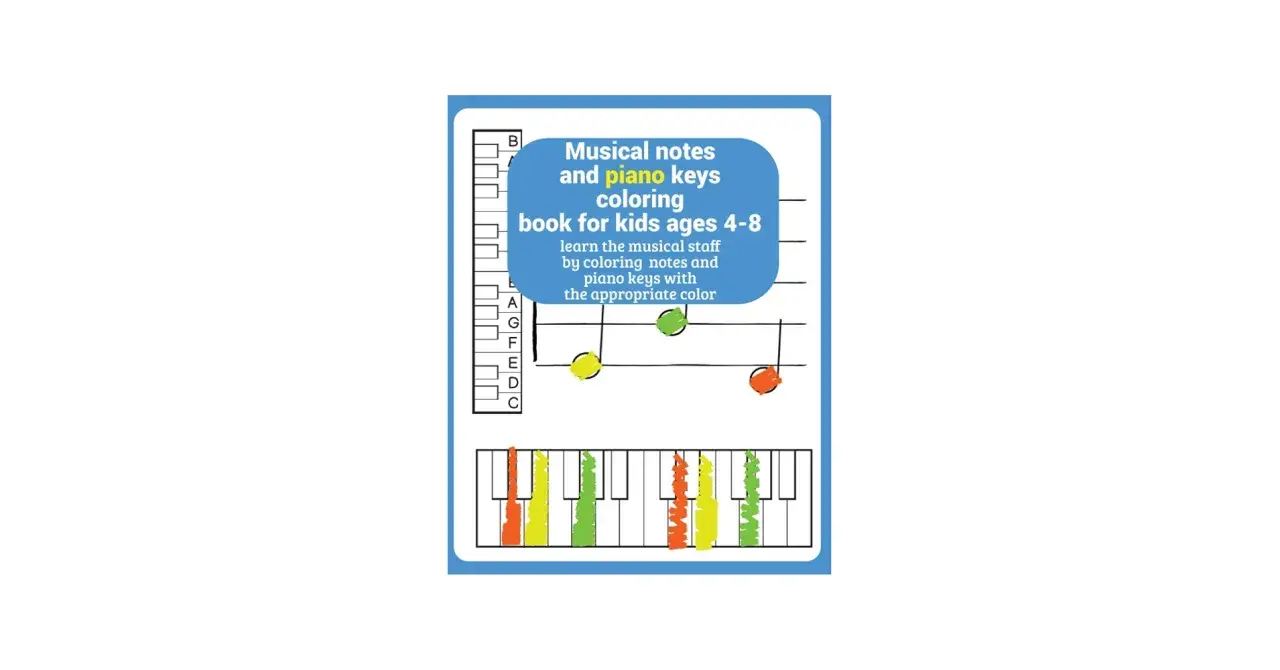 Libro para colorear de notas musicales y teclas de piano con colores.