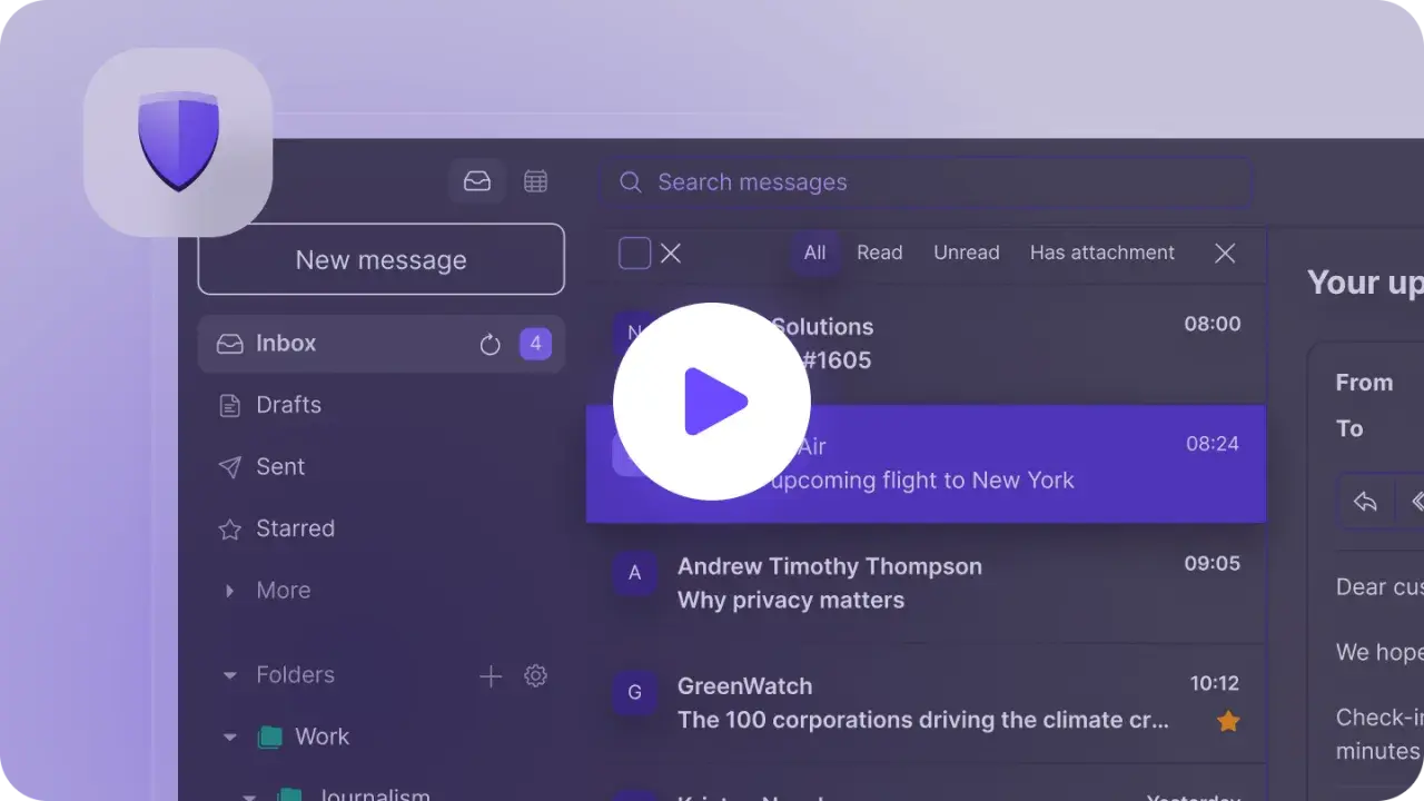 Interfejs poczty e-mail, przypominający Tutanota czy ProtonMail, z ikoną tarczy i listą wiadomości.