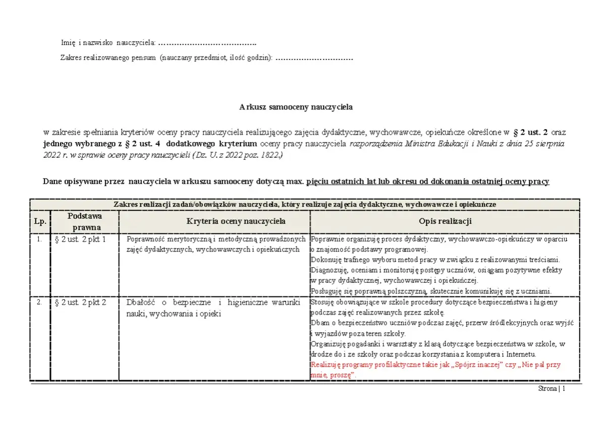 Arkusz samooceny nauczyciela dyplomowanego: przykładowa ocena pracy nauczyciela, kryteria i opis realizacji zadań.