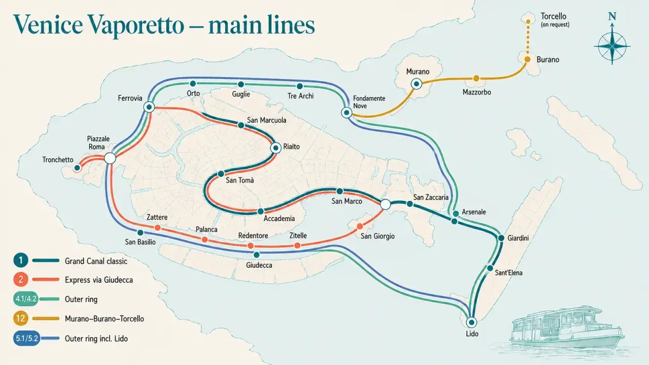 Mapa de rutas del vaporetto en Venecia, mostrando el Gran Canal y líneas a Murano y Burano.
