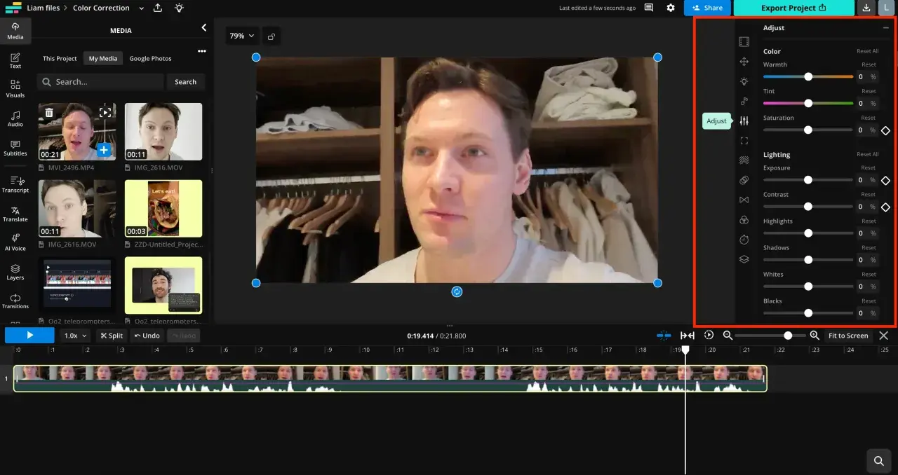 Panel edycji wideo z opcjami korekcji koloru, w tym suwakami do regulacji ciepła, nasycenia i ekspozycji, tworząc płynną gradację kolorów.