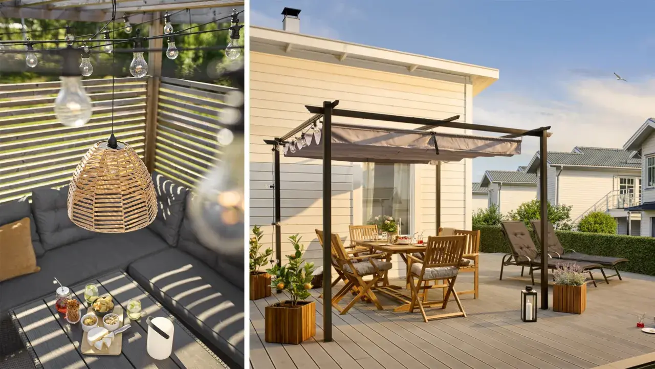 Mysig altan inspiration med bekväm soffgrupp, matplats och solstolar under pergola. Vackert ljus och grönska skapar en inbjudande atmosfär.