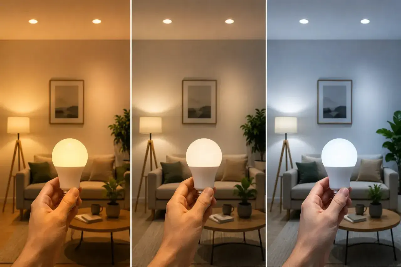 Tres ambientes con diferente iluminación: cálida, neutra y fría, mostrando una bombilla LED con luz de 6500k.