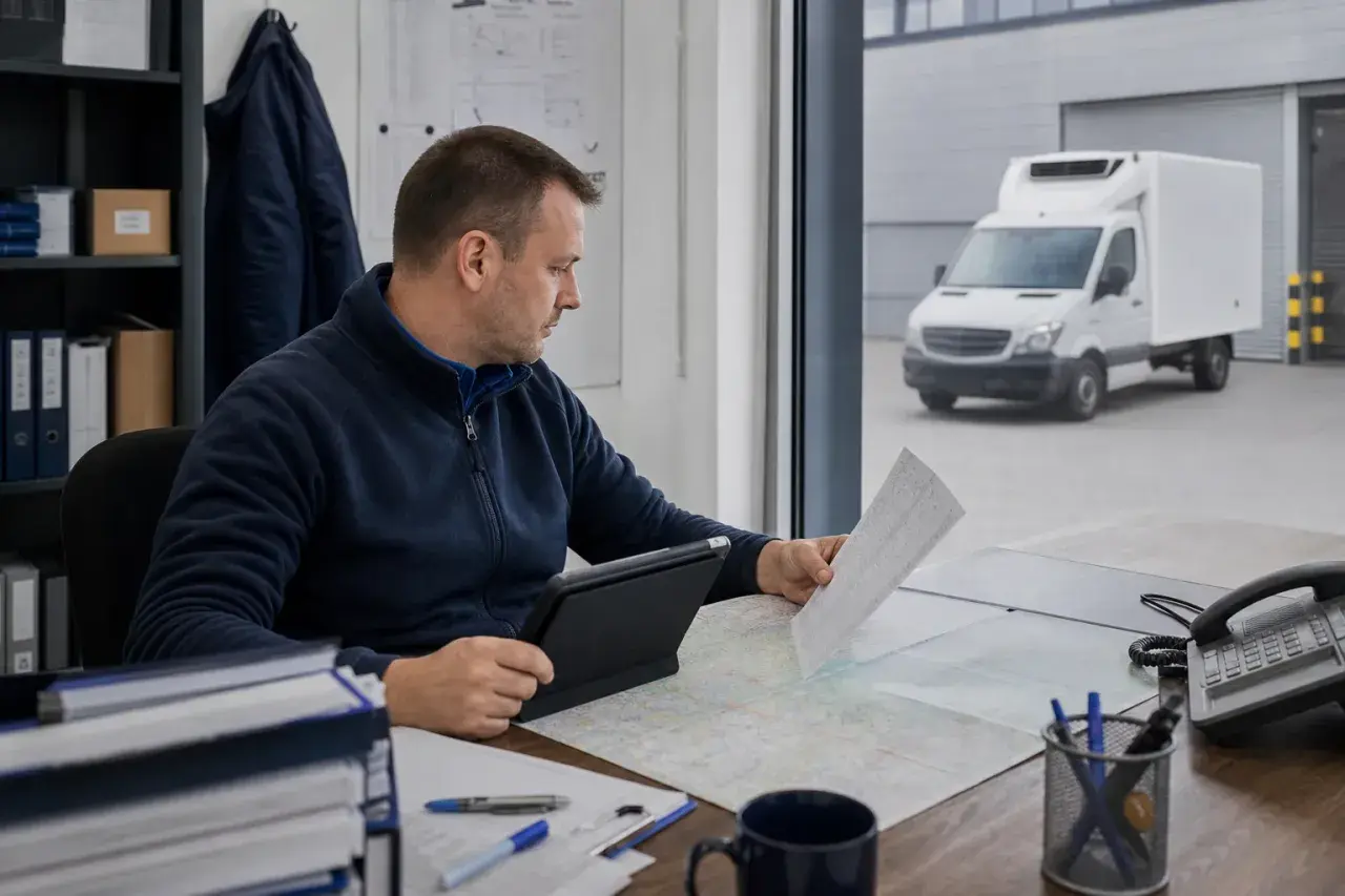 Mężczyzna planuje trasę dla transportu chłodniczego w Polsce. Na biurku mapa, tablet i dokumenty. Za oknem biała chłodnia.