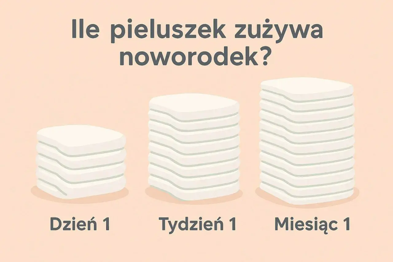 Ile pampersów dziennie zużywa noworodek? Grafika pokazuje stosy pieluszek na Dzień 1, Tydzień 1 i Miesiąc 1, ilustrując ich rosnącą liczbę.