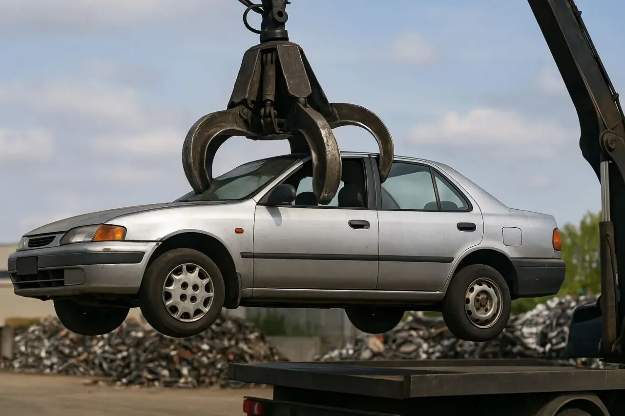 Un'auto d'argento viene sollevata da una gru, pronta per la rottamazione. Un'opportunità per un bonus rottamazione auto senza acquisto.