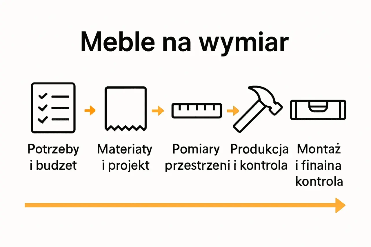 Schemat jak projektować meble na wymiar: potrzeby, materiały, pomiary, produkcja i montaż.