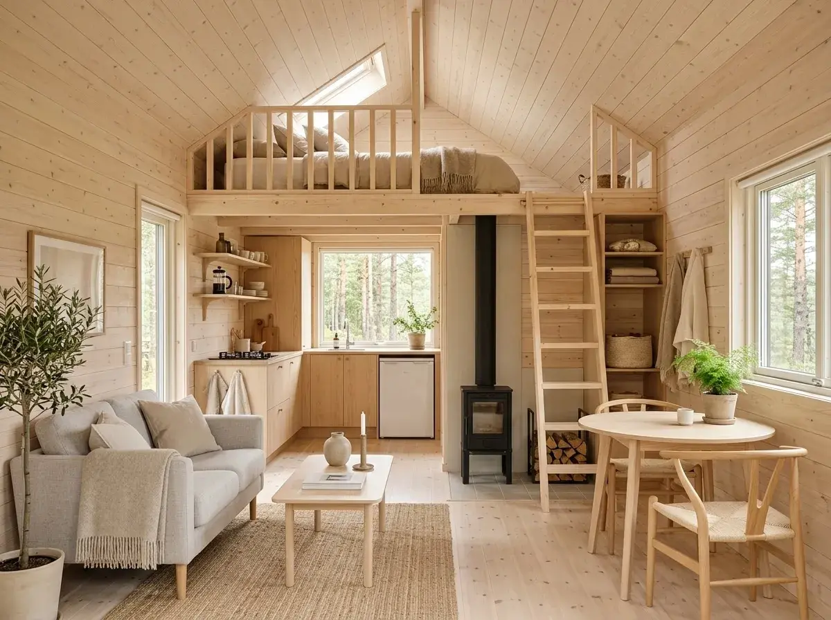 Mysig attefallshus inspiration med loftssäng, kök, soffa och kamin. Ljust trä och skandinavisk design.