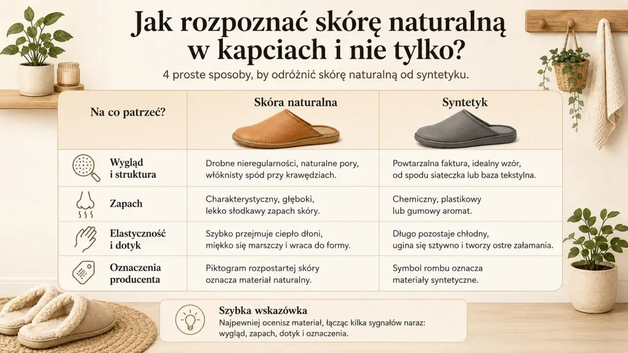 Tabela porównująca skórę naturalną i syntetyk w kapciach. Oznaczenia producenta pomagają rozpoznać materiał.