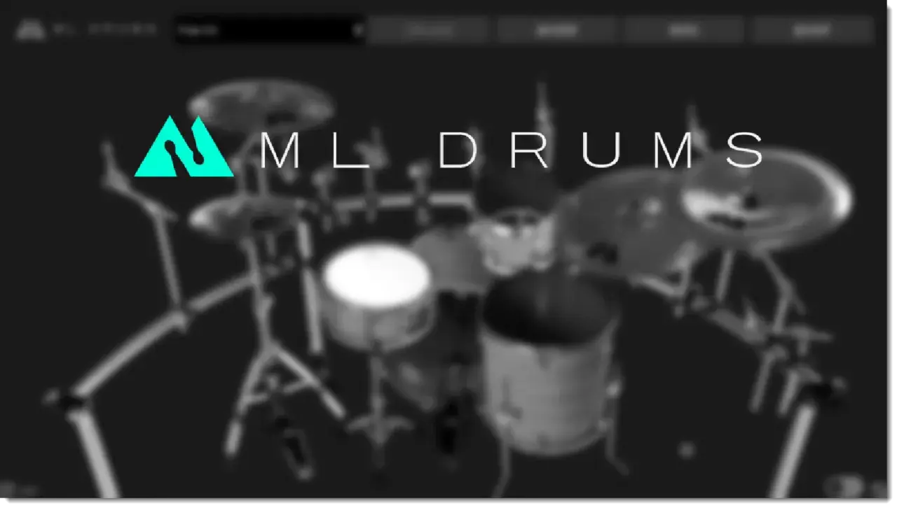 ML Drums logo and a blurred drum kit. Get your ml drums free!