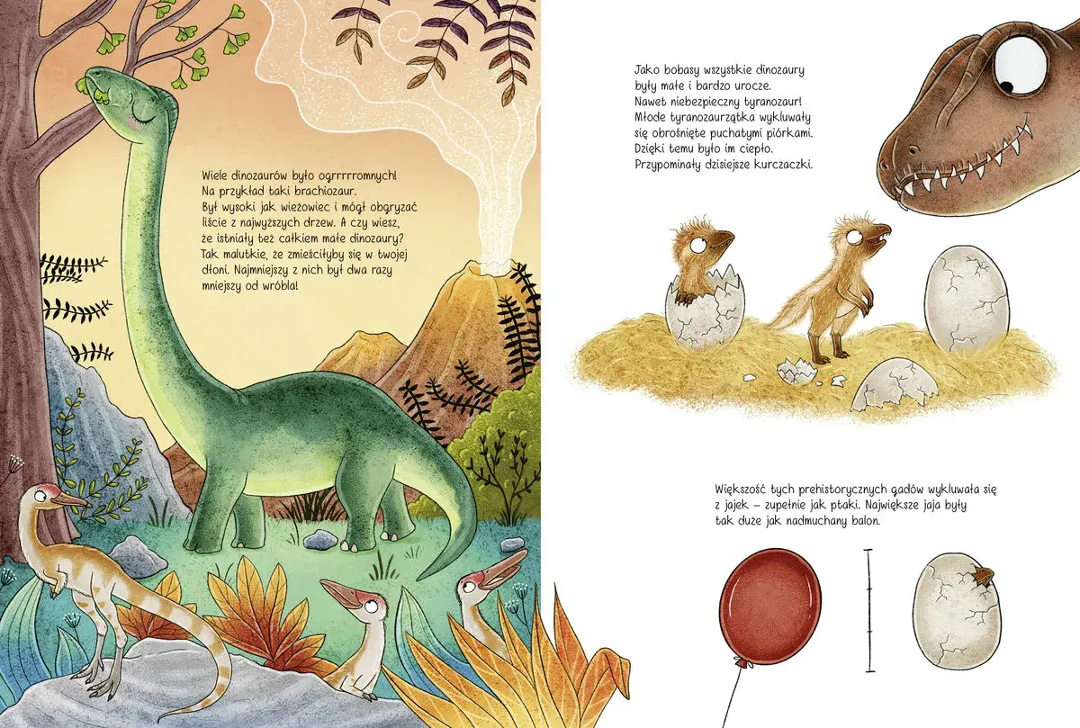 Ilustracja przedstawia zielonego brachiozaura jedzącego liście, małe dinozaury wykluwające się z jajek i dorosłego tyranozaura.