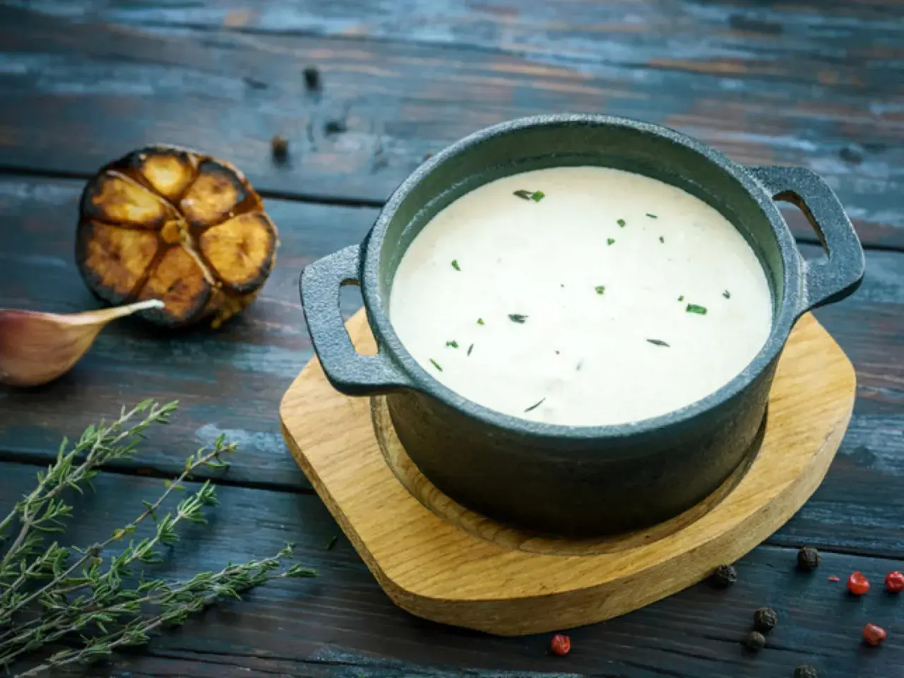 Cremoso alioli con leche, servido en cazuela de hierro fundido, acompañado de ajo asado y tomillo fresco.