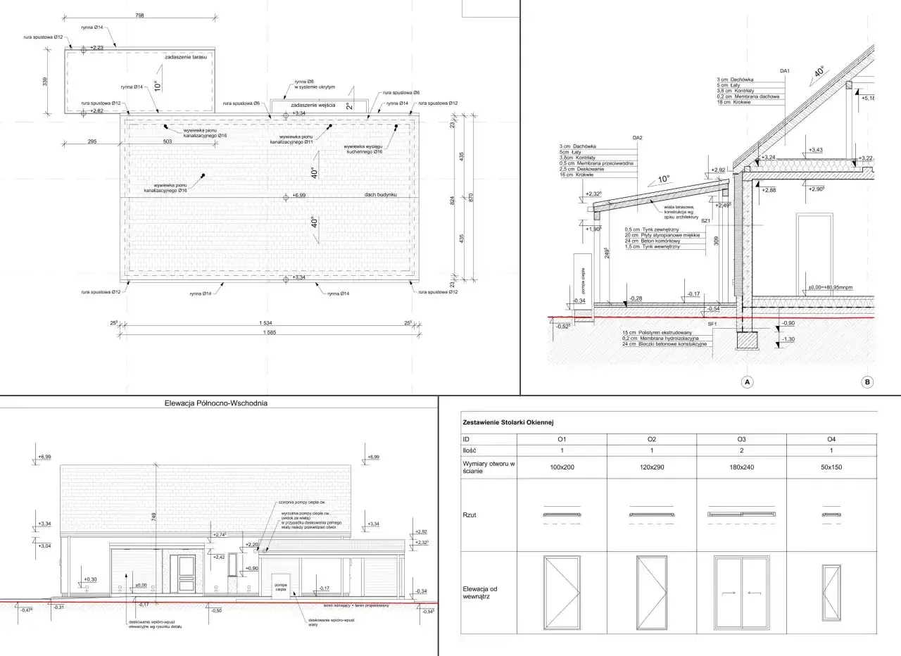 Projekt architektoniczno budowlany: przekrój, elewacja i zestawienie okien.