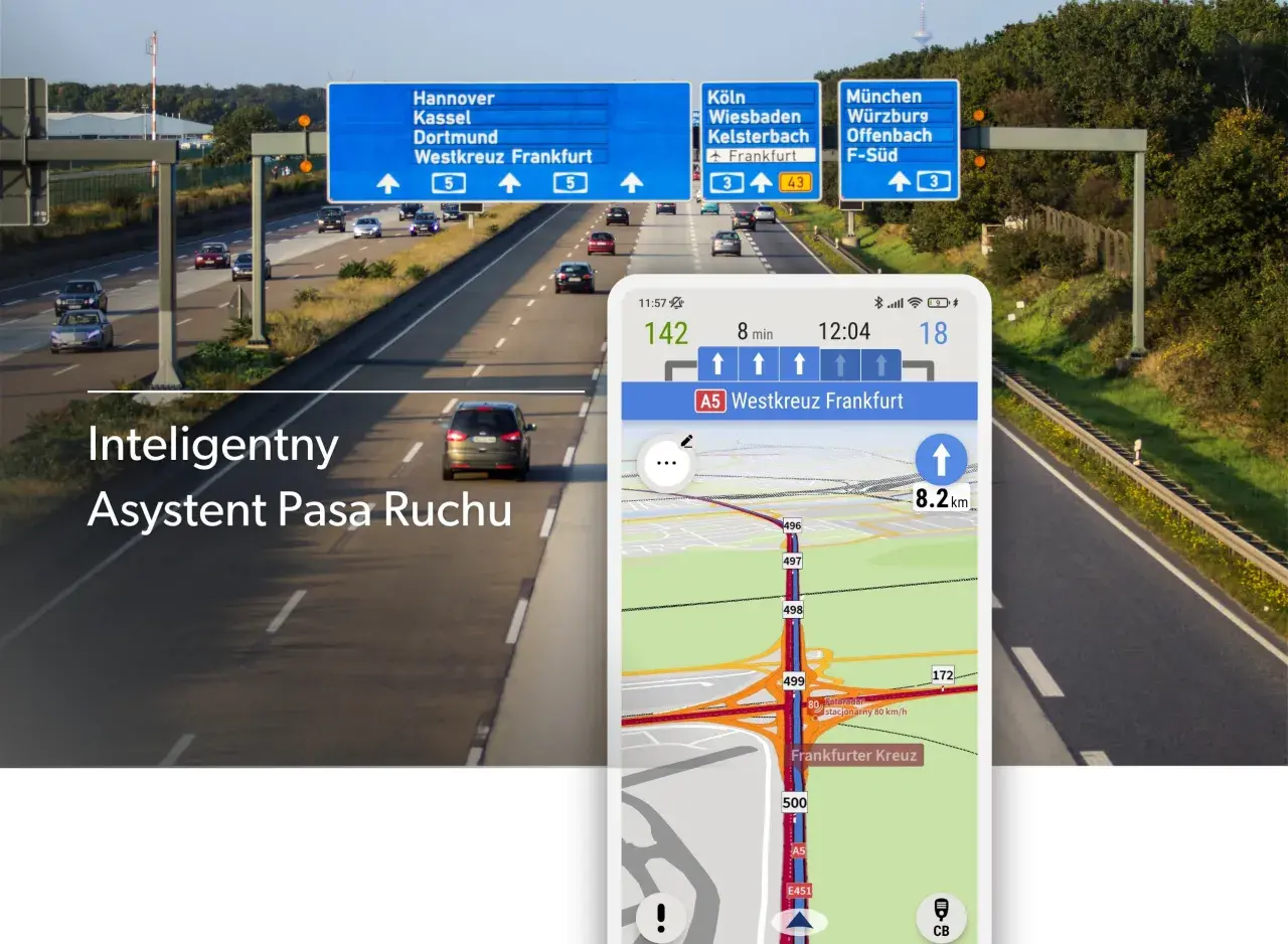 Nawigacja pokazuje wyznaczanie trasy z pominięciem dróg płatnych, prowadząc przez autostradę A5 do Frankfurtu.