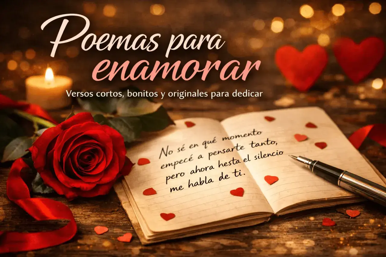 Un libro abierto con poemas de amor cortos, una rosa roja y corazones. Ideal para inspirar versos que enamoran.