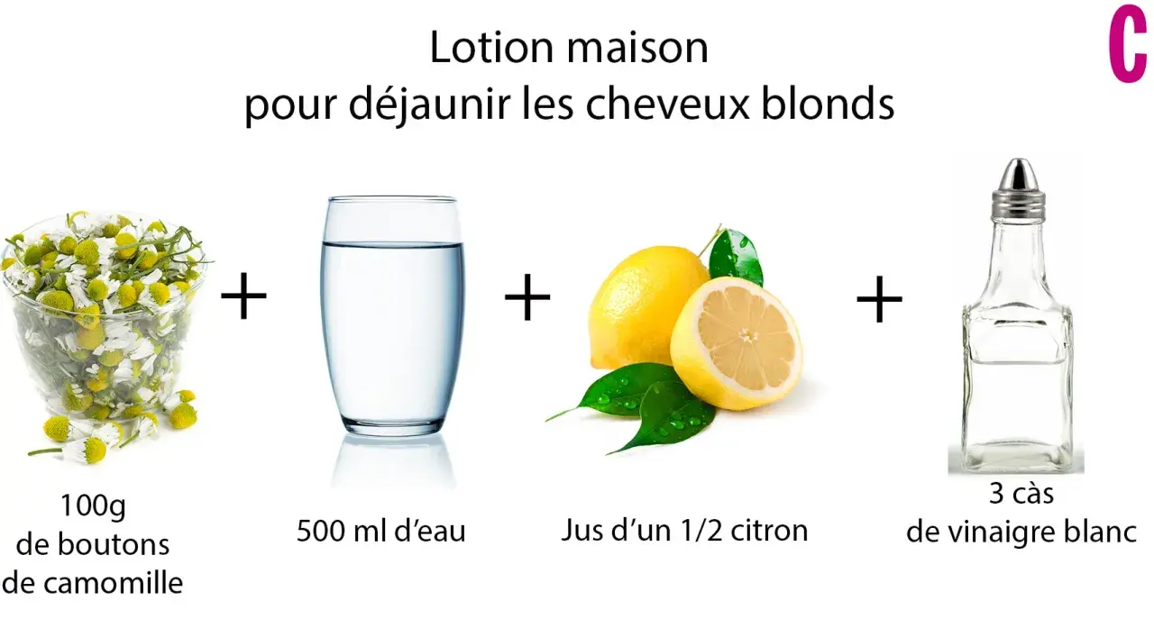 Lotion maison pour déjaunir les cheveux blonds : camomille, eau, citron, vinaigre. Idéal pour les soins cheveux décolorés maison.