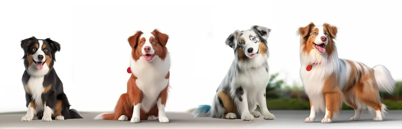 Cztery owczarki australijskie prezentują różnorodne owczarek australijski kolory: tricolor, red merle, blue merle i red tri.
