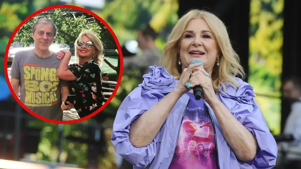 Majka Jeżowska z mężem Tomem Loganem. Ona śpiewa na scenie, on na zdjęciu w kółku.
