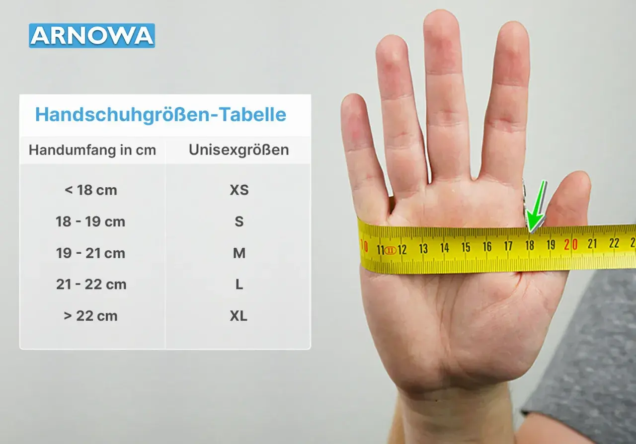 So misst man die Handschuhgröße: Ein Maßband zeigt den Handumfang in cm. Die Tabelle ordnet ihn Unisexgrößen zu.