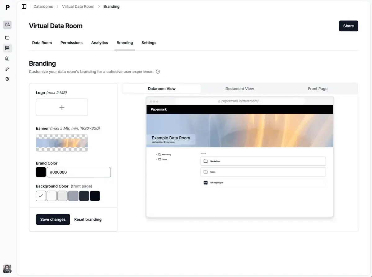 Interface de personnalisation du logiciel SI pour un "Virtual Data Room". Permet de définir logo, bannière, couleurs de marque et de fond.