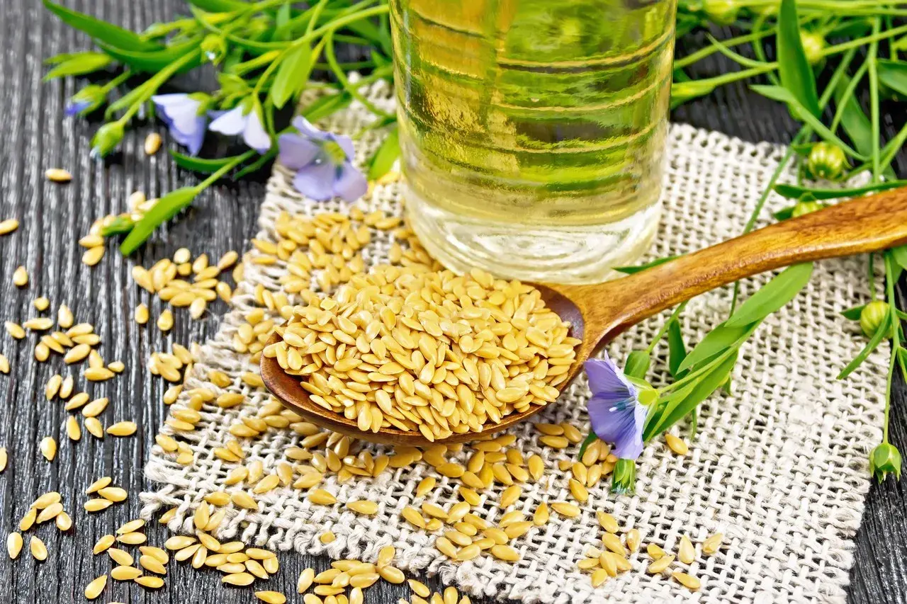 Semi di lino dorati su un cucchiaio di legno, con una bottiglia di olio di lino e fiori di lino sullo sfondo.