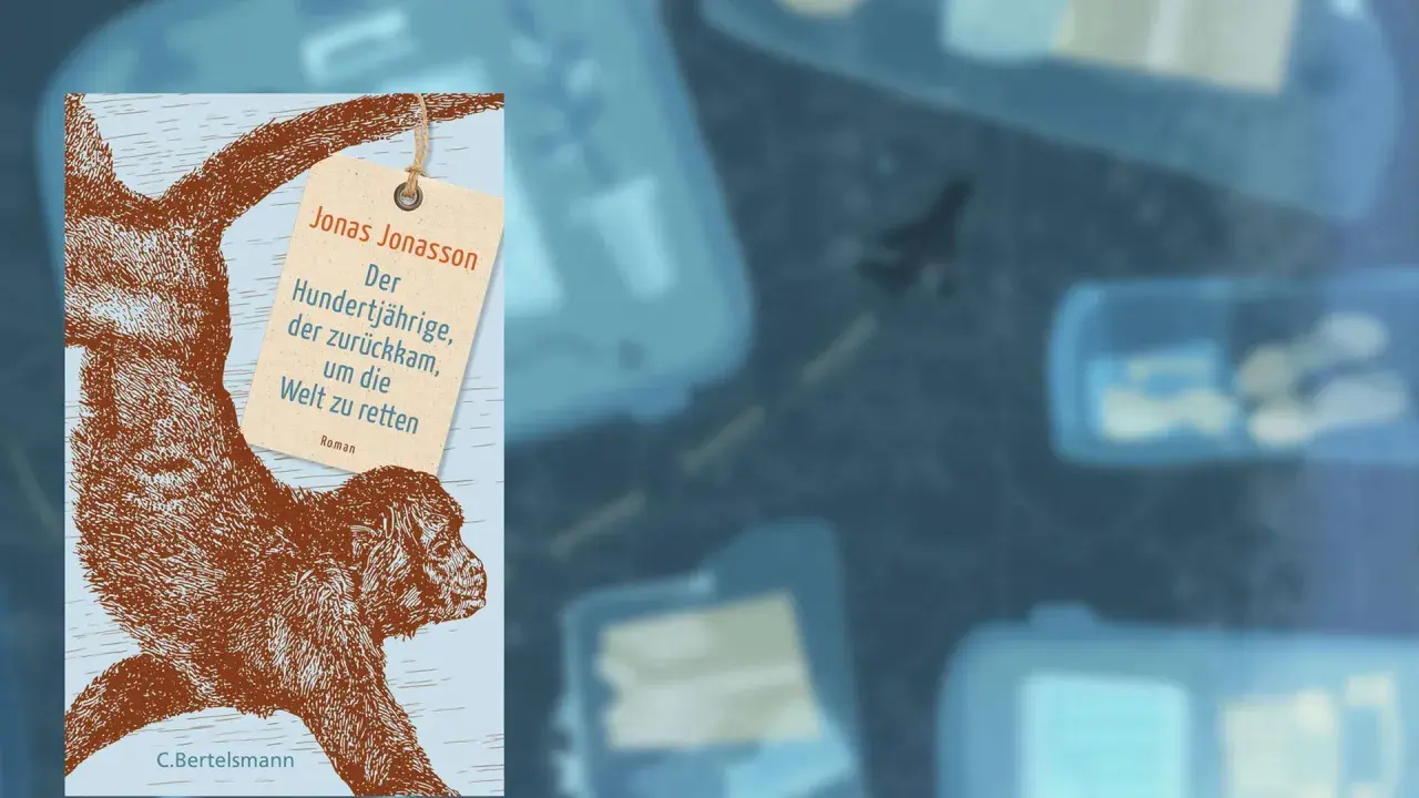 Jonas Jonasson neues Buch: "Der Hundertjährige, der zurückkam, um die Welt zu retten". Ein Affe hängt am Buchcover.