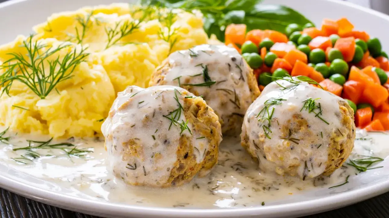 Pyszne pulpeciki w kremowym sosie, podane z puree ziemniaczanym i warzywami. Idealny pomysł, jak zrobić sos do pulpetów, by danie było wyborne!