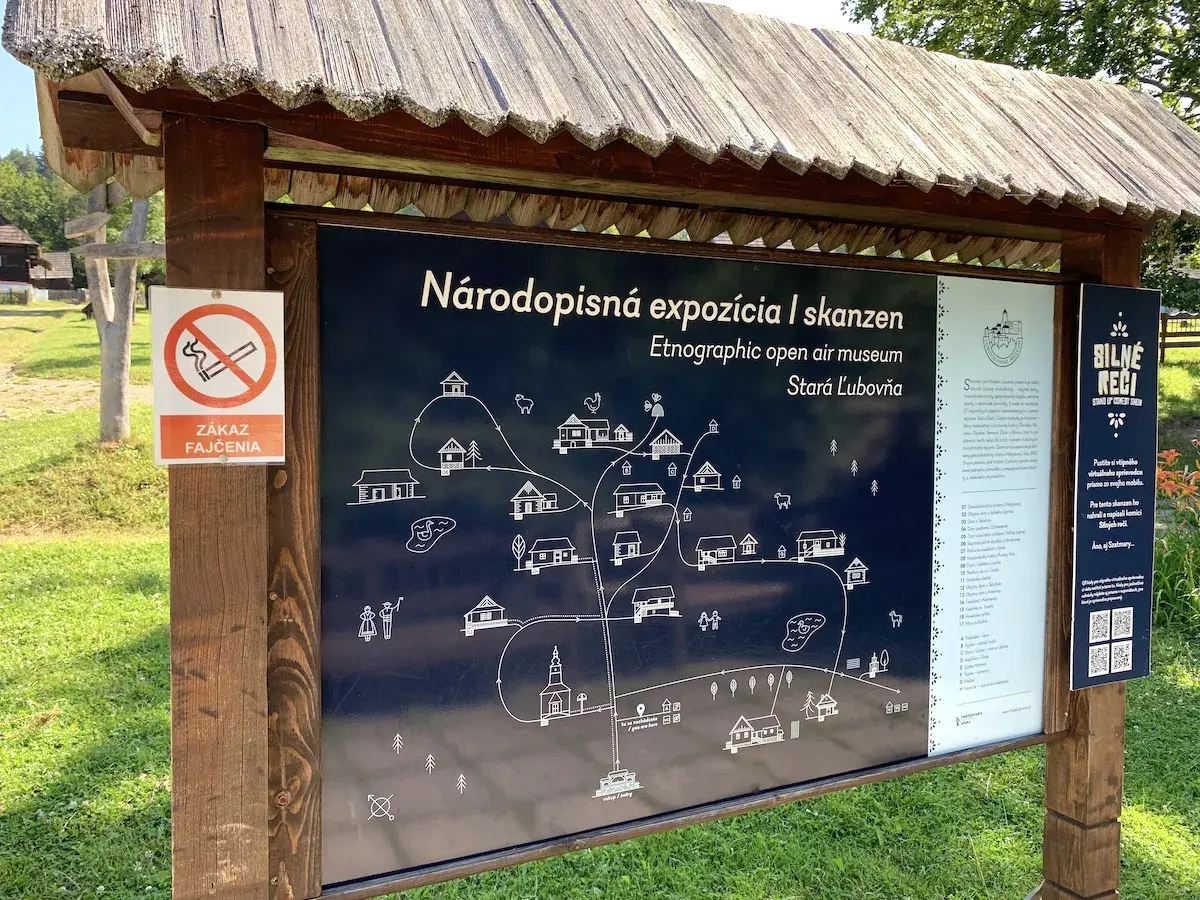 Mapa skansenu w Starej Lubovli. Tablica informacyjna z mapą etnograficznego muzeum na wolnym powietrzu.