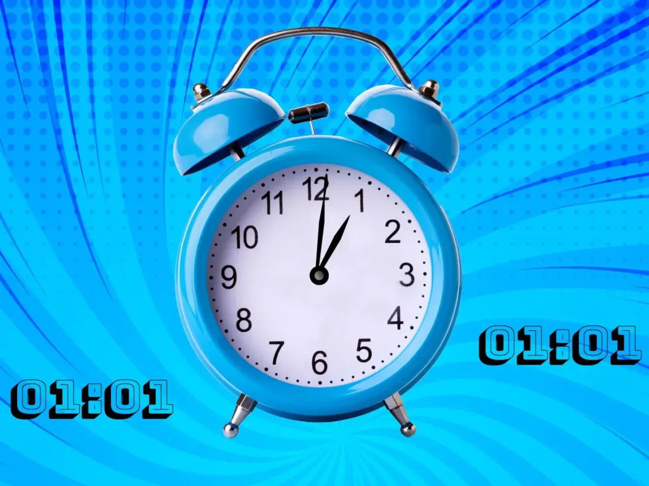 Reloj despertador azul con el número 01:01, que representa el significado espiritual de nuevos comienzos y oportunidades.
