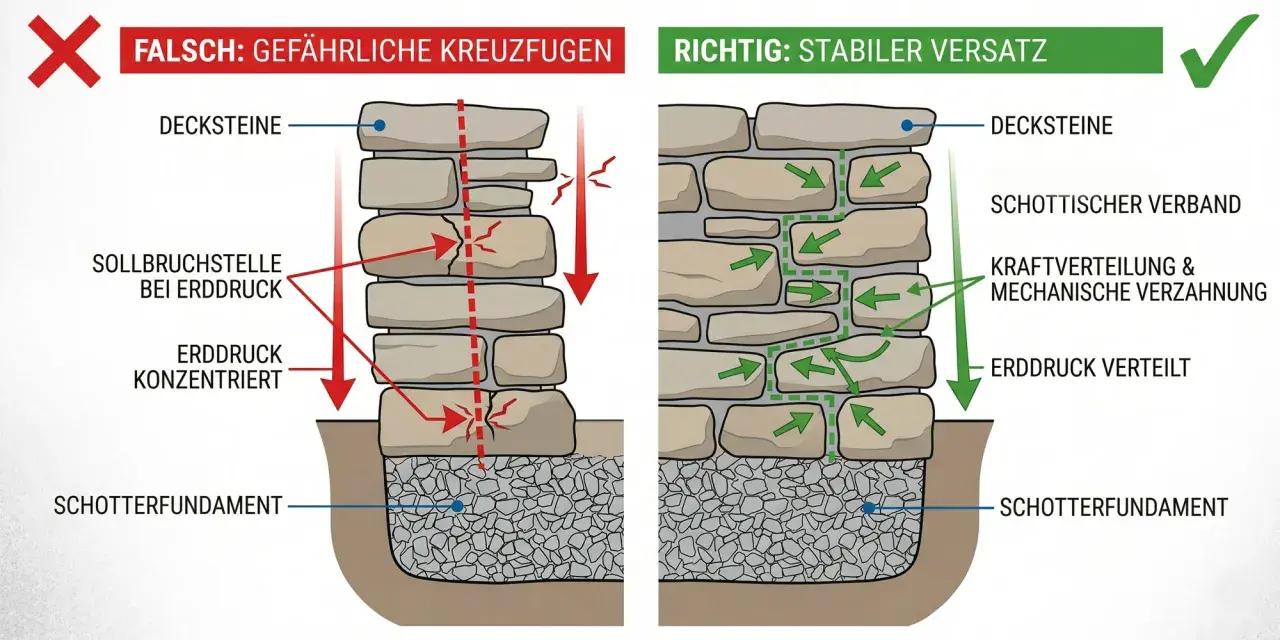 Vergleich: Falsch (gefährliche Kreuzfugen) und richtig (stabiler Versatz) beim Trockenmauer bauen. Die richtige Methode verteilt den Erddruck.