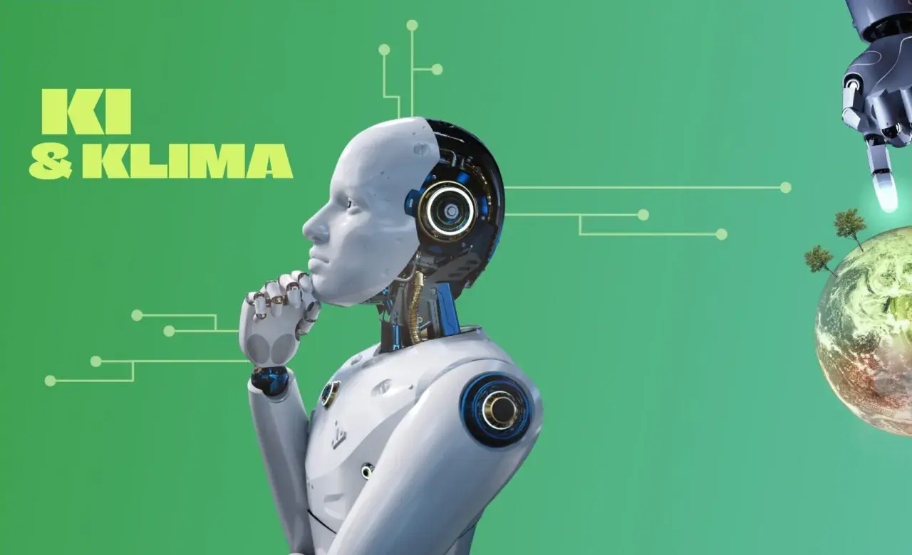 Ein nachdenklicher Roboter blickt auf die Erde, während ein Roboterfinger auf sie zeigt. KI & Klima: die Welt in der Zukunft.