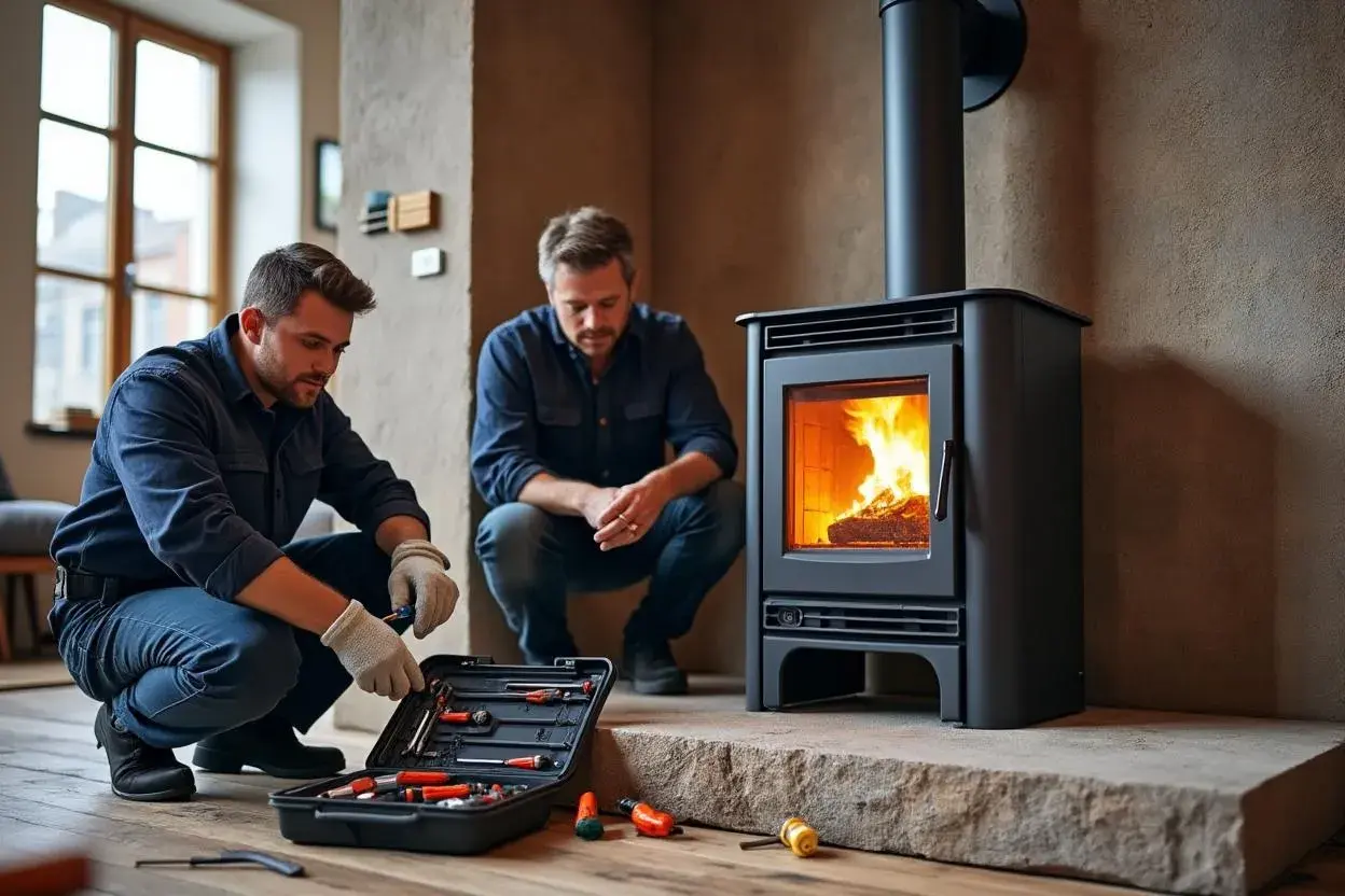 Deux hommes travaillent sur un poêle Invicta allumé, avec une boîte à outils ouverte.