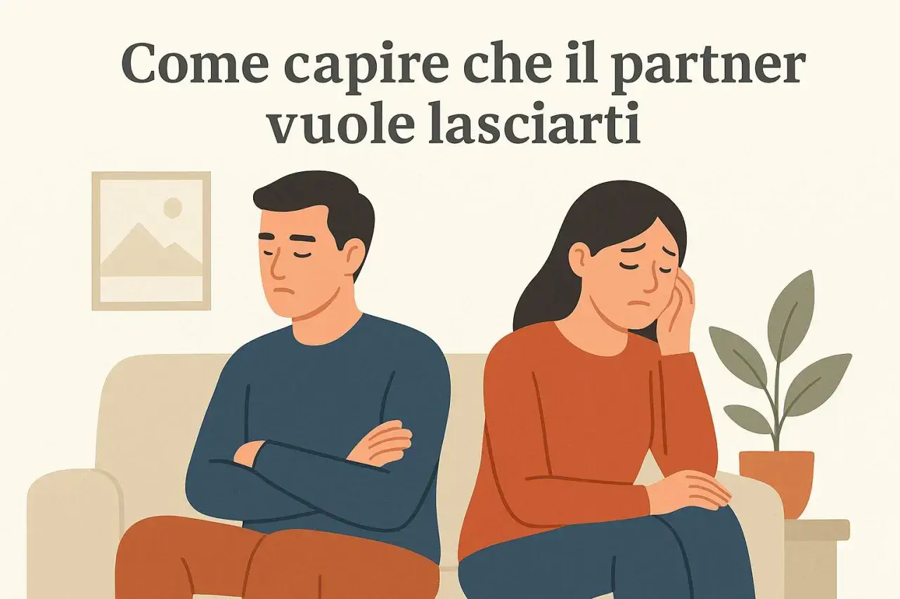 Coppia seduta sul divano, distanti, con espressioni tristi. Lei si tiene la testa, lui ha le braccia conserte. "Non so se lasciare il mio ragazzo" è il pensiero che aleggia.