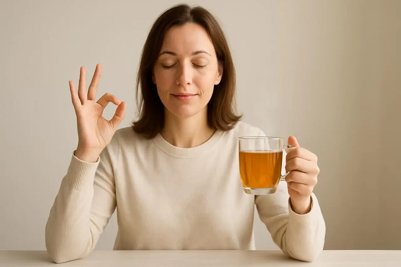 Donna con gli occhi chiusi tiene una tazza di tè e fa il gesto "ok", suggerendo sollievo per il reflusso gastroesofageo rimedi.