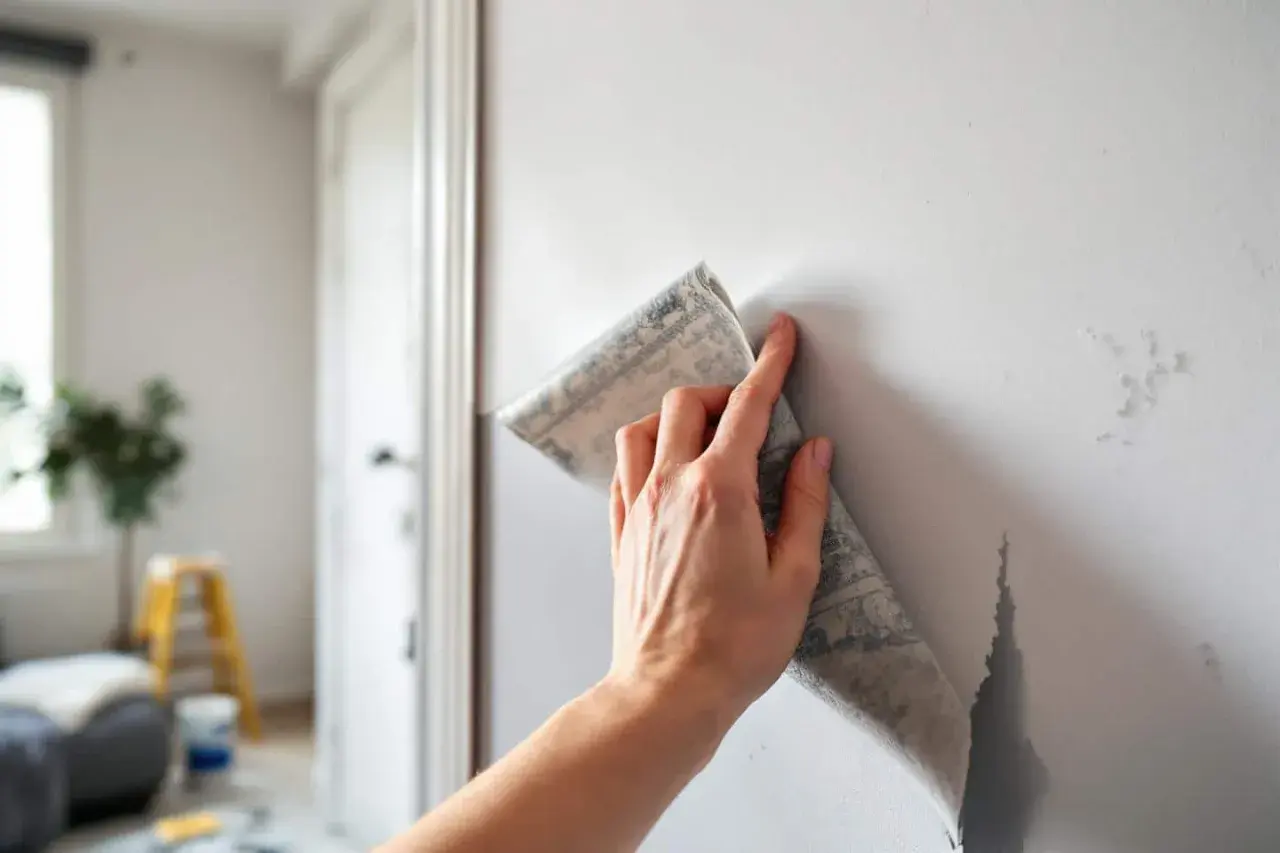 Main tenant enlève du papier peint, montrant comment enlever les résidus de colle sur un mur.